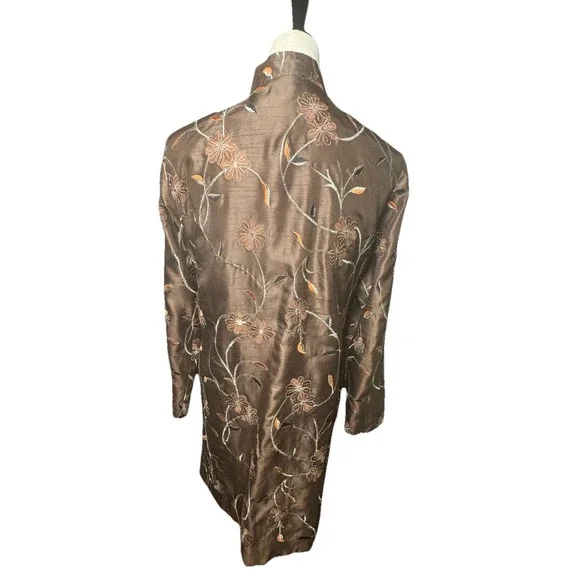 Vintage Victor Costa Womens Embroidered Long Top Coat Brown Mandarin Collar Sz M - Picture 2 of 5